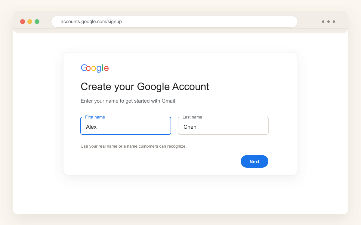 电脑浏览器打开 Google 账号注册页，填姓名